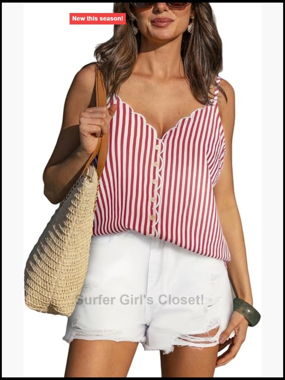 Scallop Trim V-Neck Sleeveless Tank Top Striped Summer Camisole